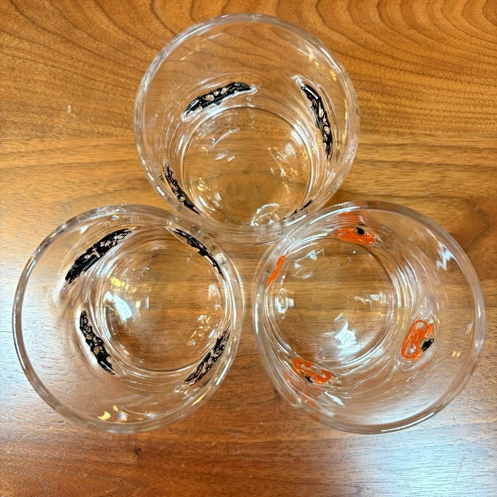 Lot of 3 Bats & Pumpkins Double Old Fashioned Whiskey Glasses Halloween